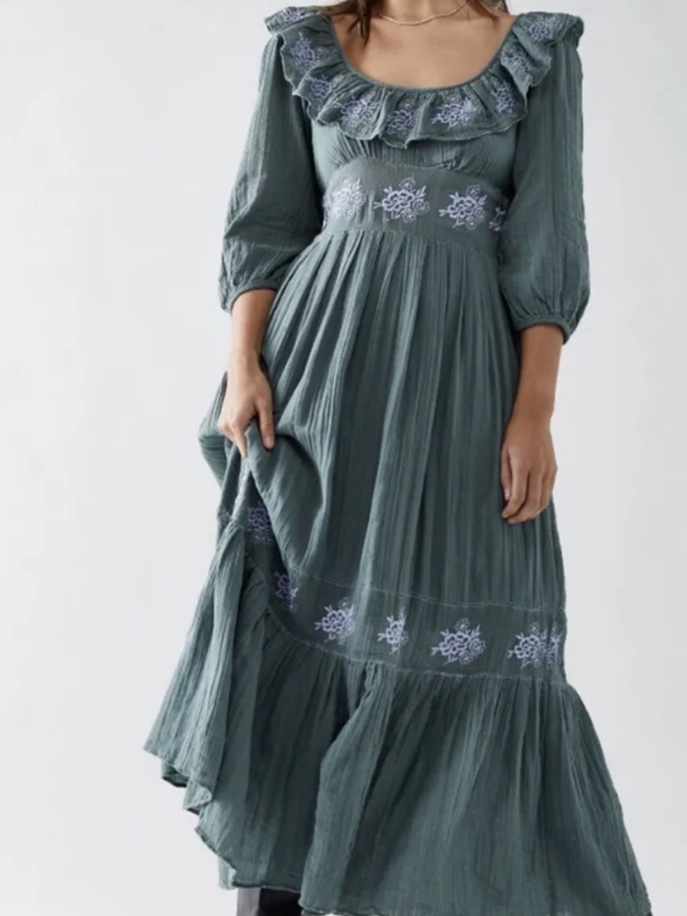 Free People Open-Back Ruffle Midi Dress in Sage Green with Blue Embroidery XS - Picture 2 of 5